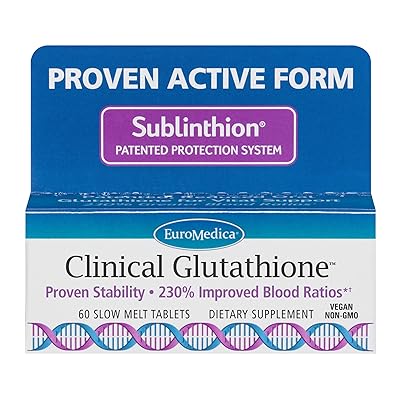 EuroMedica Clinical Glutathione - 60 Tablets - Powerful Antioxidant Support for Nerve &amp; Brain Cells, Fights Oxidative Stress - Unique Form of Glutathione - Increased Potency, Stability - 30 Servings
