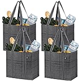 VENO 4 Pack Reusable Grocery Bags with Hard Bottom, Heavy-Duty Shopping Bags for Shopping Cart (Windowpane, 4 Pack)