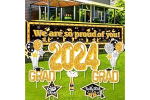Officygnet 2024 Graduation Yard Sign Decorations - 8Pcs Glitter Congrats Grad Yard Signs and Proud of You Banner Backdrop with Stakes for Outdoor, Lawn Party Decor Supplies (Black & Gold)