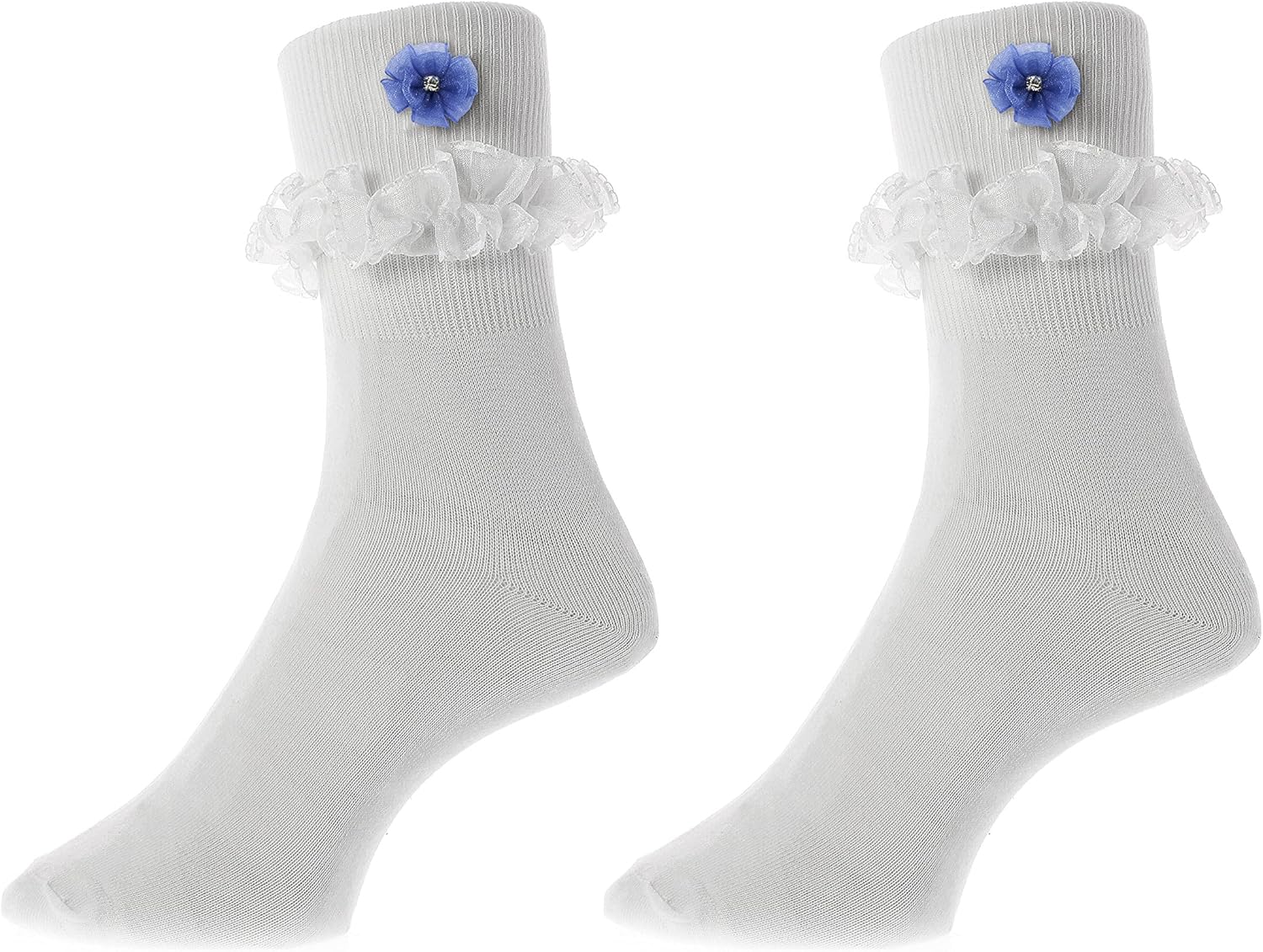 2 Pair Organza Frill Bobby Socks for Girls (White, 911