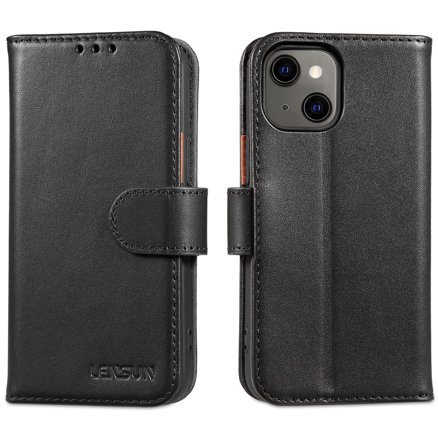 LENSUN Flip Case for iPhone 13 Mini, Genuine Leather Wallet Shockproof Phone Cover [RFID Blocking] with Card Holder and Magnetic Closure for Apple iPhone 13 Mini - Black — image 1
