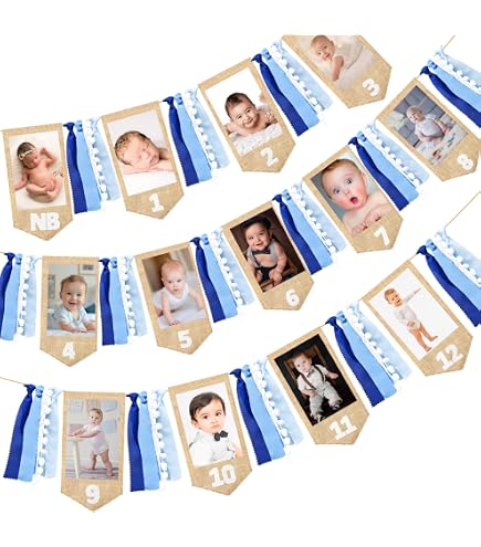 Red White & Blue 1st Birthday Photo Banner - 12 Month Milestone Decoration