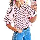 BKBEY Womens Striped Puff Sleeve Blouse Half Zip Loose Color Block Ribbed Knit Collared Top