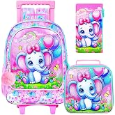 WZLVO 4PCS Rolling Backpack for Girls, Kids Roller School Bookbag with wheels, Elephant Water Resistant Wheeled Backpacks set for Teens Elementary Trave