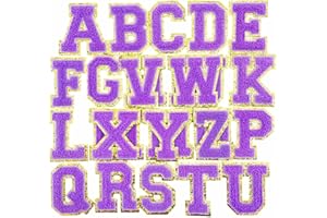 Jongdari Letter Patches Varsity Chenille Iron on Letters Patchs for Clothing English Letter A-Z with Gold Glitters Border, 26pcs Purple