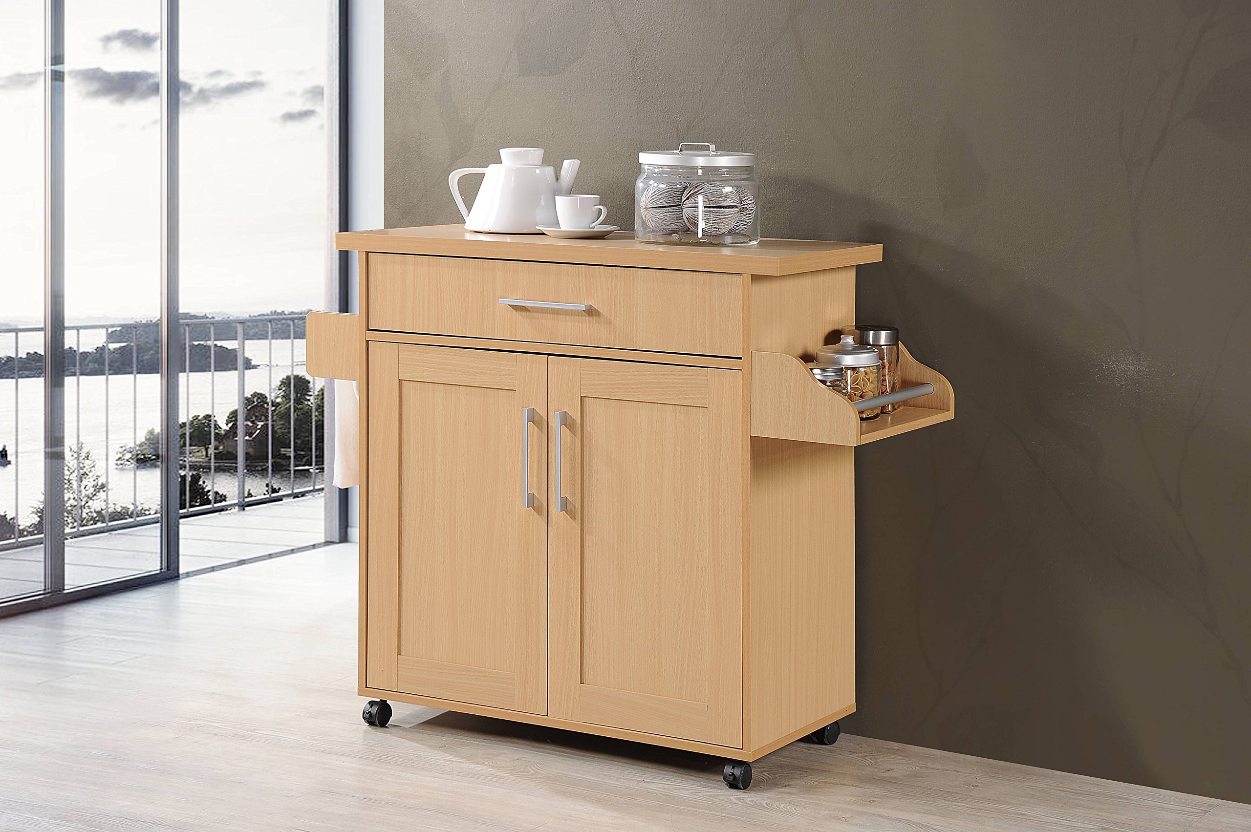 Hodedah Kitchen Island with Spice Rack, Towel Rack & Drawer, Beech