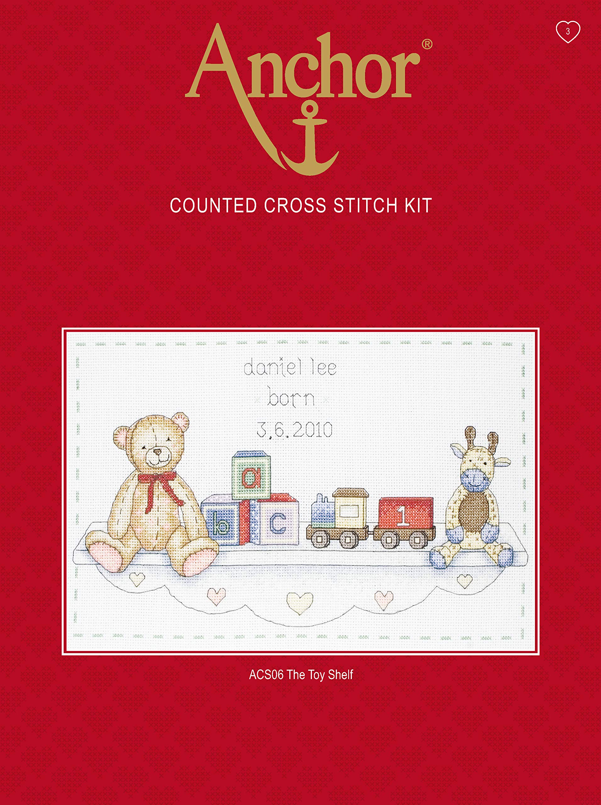 Anchor ACS06 Counted Cross Stitch Kit: Birth Record: The Toy Shelf, Multi-Colour, 20 x 33cm