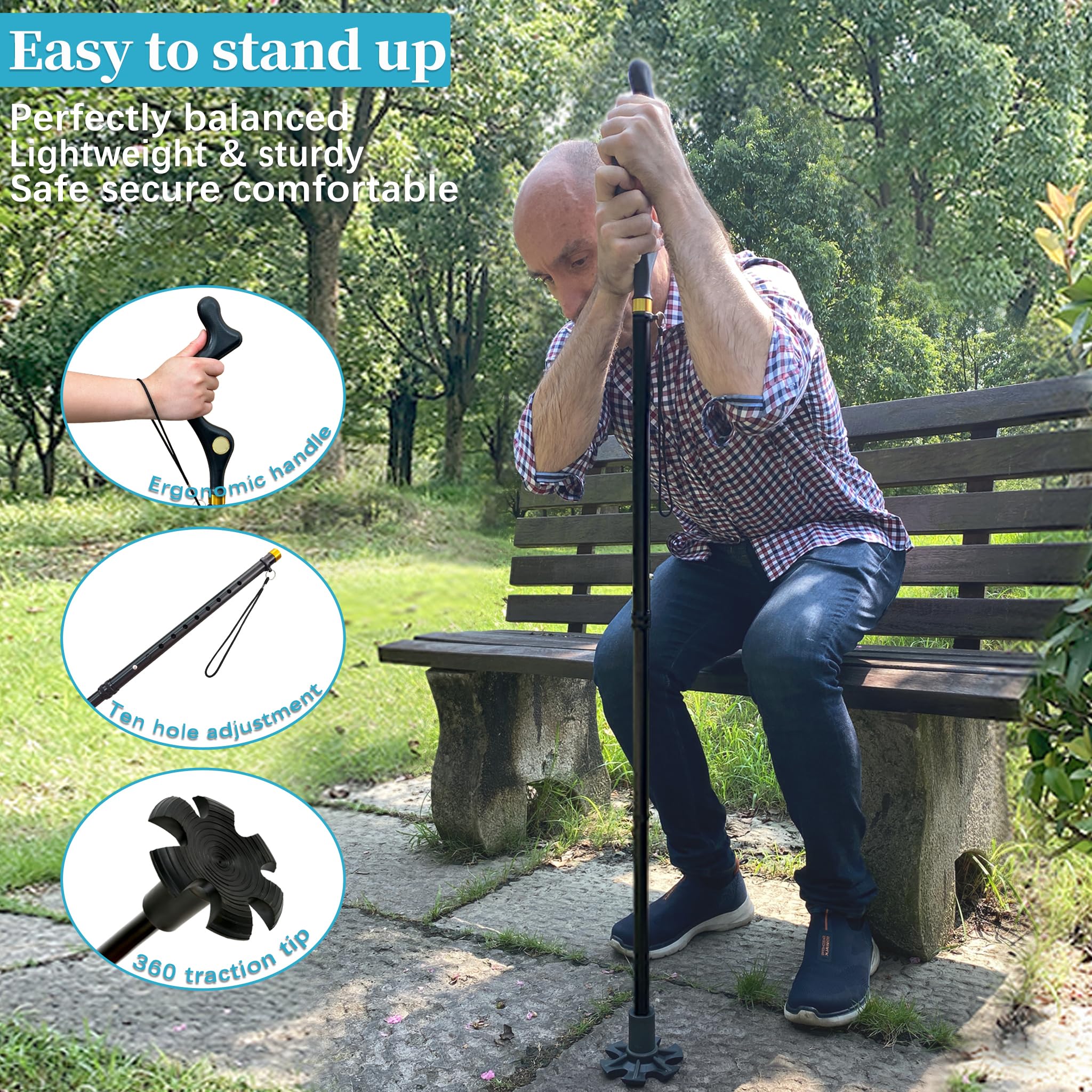 Honmido Walking Cane Foldable for Men & Women Seniors for Balance,Self Standing Folding Cane,Height Adjustable Anti-Slip Lightweight Alloy Walking Stick Collapsable for Travel Mobility Aid