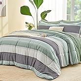 Andency Full Size Comforter Set Sage Green - 7 Pieces Green Striped Lightweight Bed in a Bag, Soft Microfiber Reversible Bedding Set with Comforter, Fitted & Flat Sheet, Pillowcases & Shams
