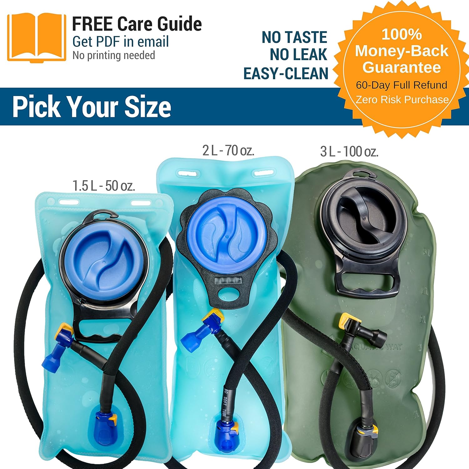 Aquatic Way Hydration Bladder Water Reservoir, Bicycling Hiking Camping Backpack. Small. BPA Free. Easy Clean Large Opening, Quick Release Insulated Tube & Shutoff Valve (Blue 1.5L 1.5 Liter 50 oz) : Sports & Outdoors