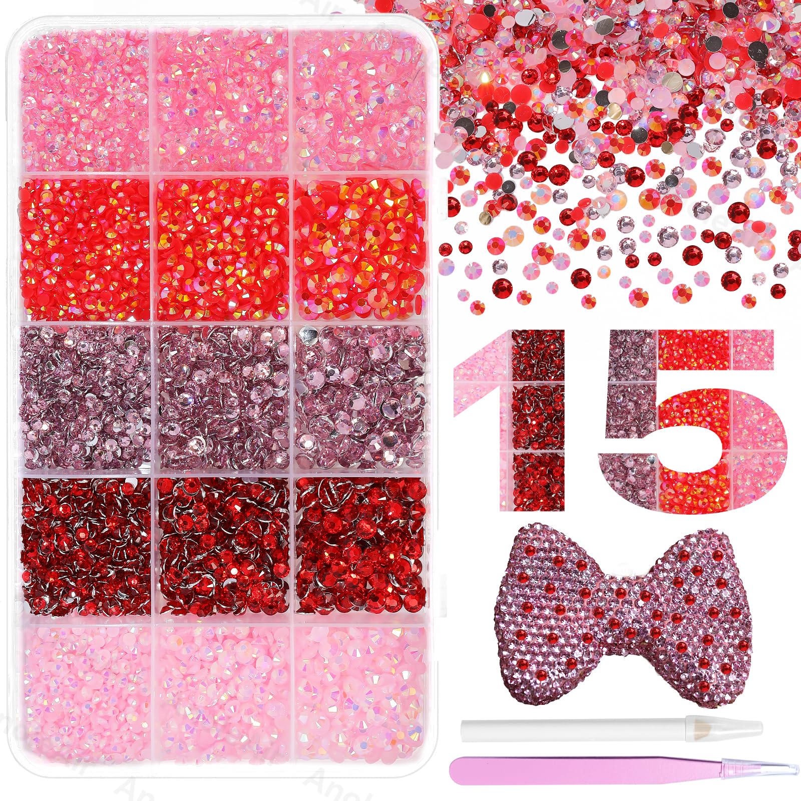 Photo 1 of 15000Pcs Red Pink Rhinestones for Bedazzling Kit, Mix Sizes Jelly Bedazzling Resin Gems, Pink White Gems Bedazzling for Crafting, Flatback Resin Rhinestones Craft DIY Face Makeup Crafts Tumblers