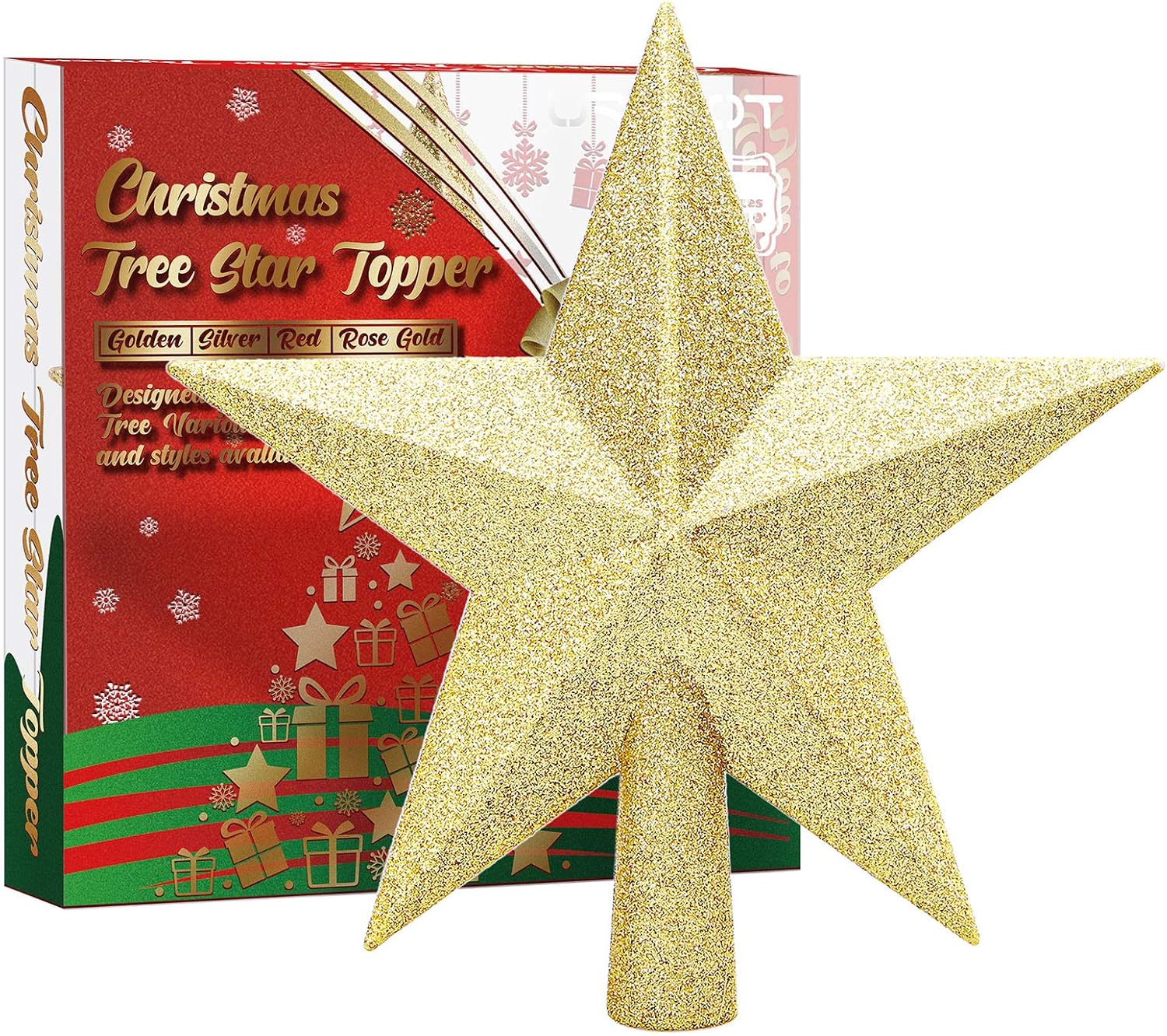Tree Toppers - URATOT Glittered Christmas Star Tree Topper Christmas Decorative Holiday Treetop Shatterproof Star Ornament for Holiday Christmas Tree Decoration