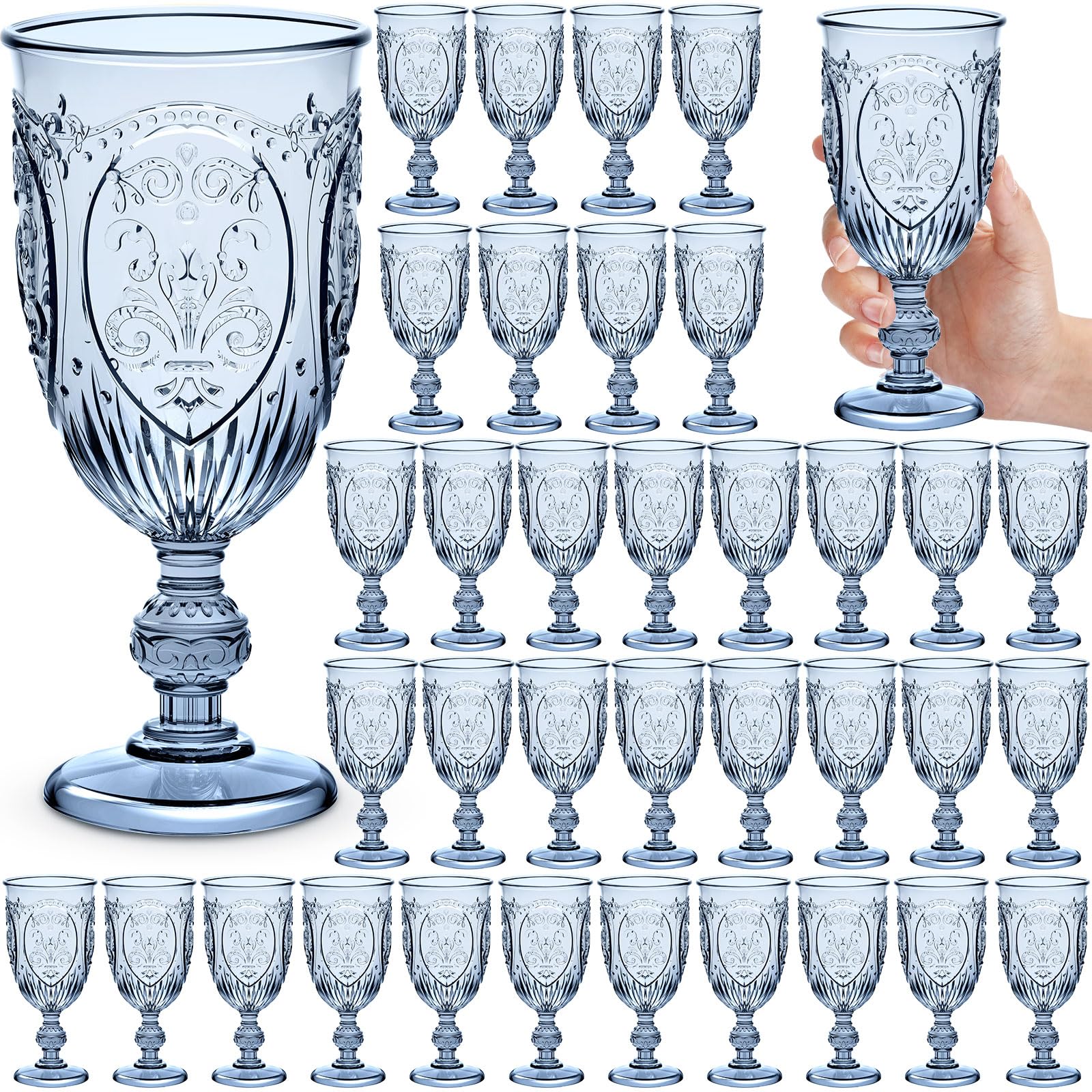 Photo 1 of Wiwiqing 36 Pack Plastic Goblets 10oz Upgrade Vintage Water Goblet Plastic Wine Glasses Colored Retro Embossed Glassware for Party Wine Bar Juice Baby Shower Wedding Reception Grand (Blue)