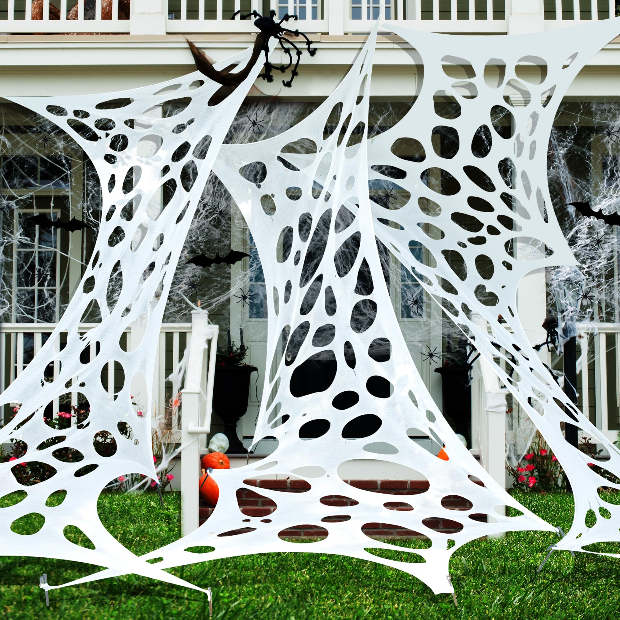 Photo 1 of 1360 Sqft Cuttable Stretchy Spider Web Halloween Decoration, White Giant Outdoor Beef Netting Halloween Spider Webs, DIY Spooky Gauze Cobweb Fake Spiders Bats for Yard Garden Party Decor (472" x 39")