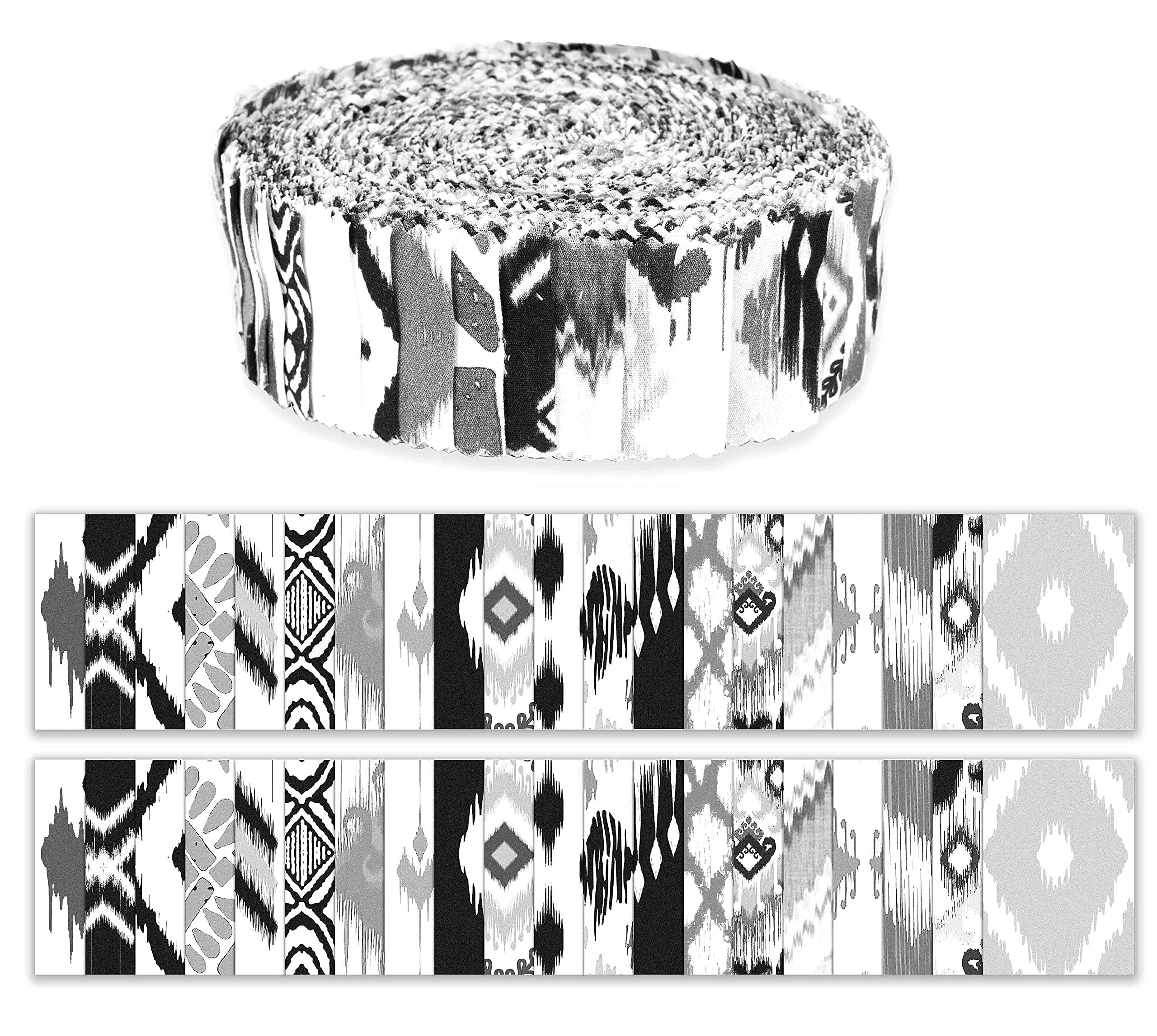 Soimoi 40Pcs Ikat Print Precut Fabrics Strips Roll Up 1.5 inches Cotton Jelly Rolls for Quilting - White & Black