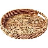 JUNGLE CULTURE® Handcrafted Round Wicker Tray 12” • Large Decorative Rattan Serving Basket for Coffee Table, Ottoman, Kitchen Counter • Boho Woven Home Decor Centerpiece • Natural Circle Trays • Honey