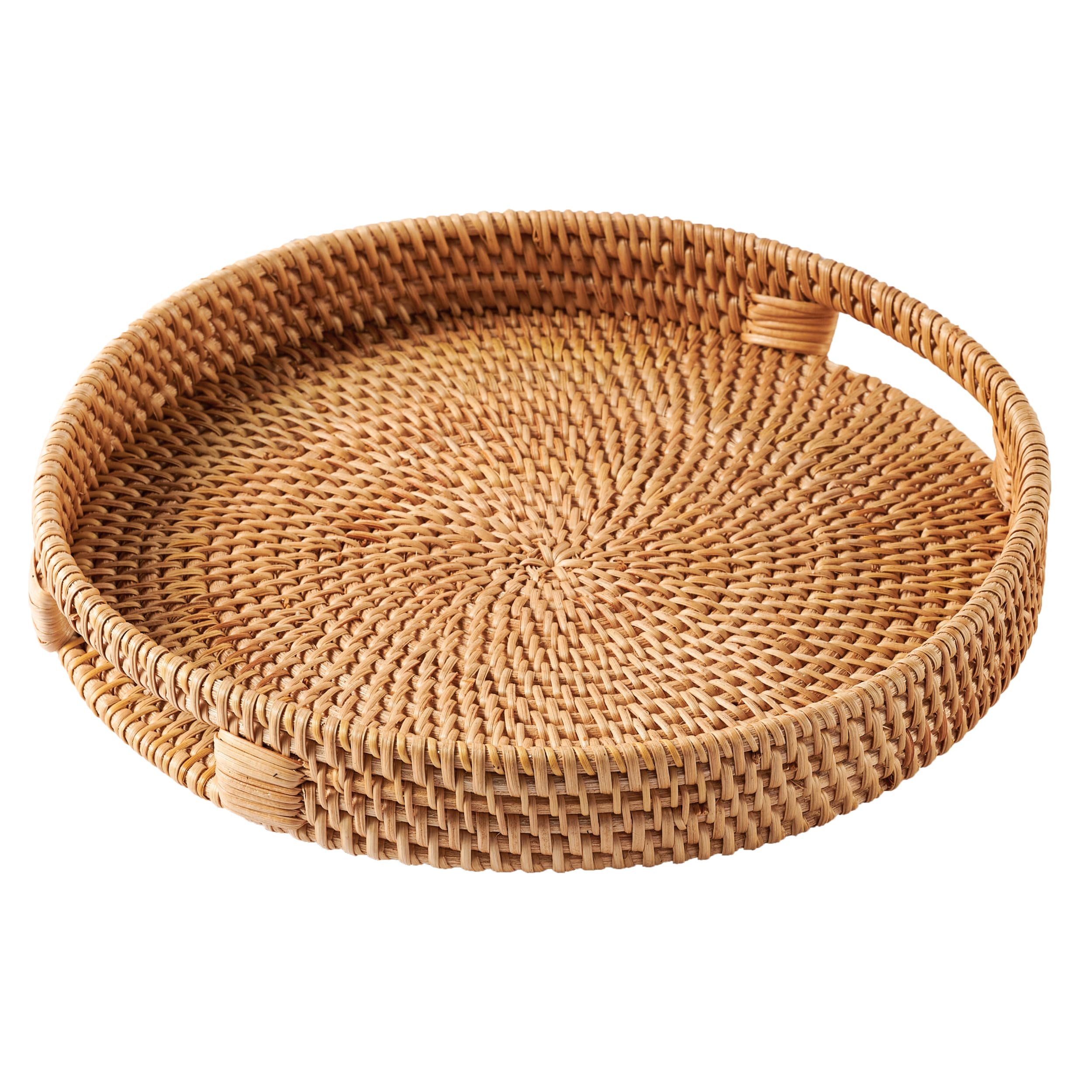 Rattan Serving Tray 30cm / 11.8" • Woven Serving Trays with Handles for Home by JUNGLE CULTURE® • Round Coffee Table Tray • Wicker Serving Basket for Bread, Fruit, Candles • Natural Honey