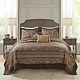 Madison Park Bellagio Reversible Quilted Bedspread Set, Solid Reverse Summer Breathable, Lightweight All Season Bedding Layer, Matching Shams, Bedspread King(120"x118"), Brown 5 Piece
