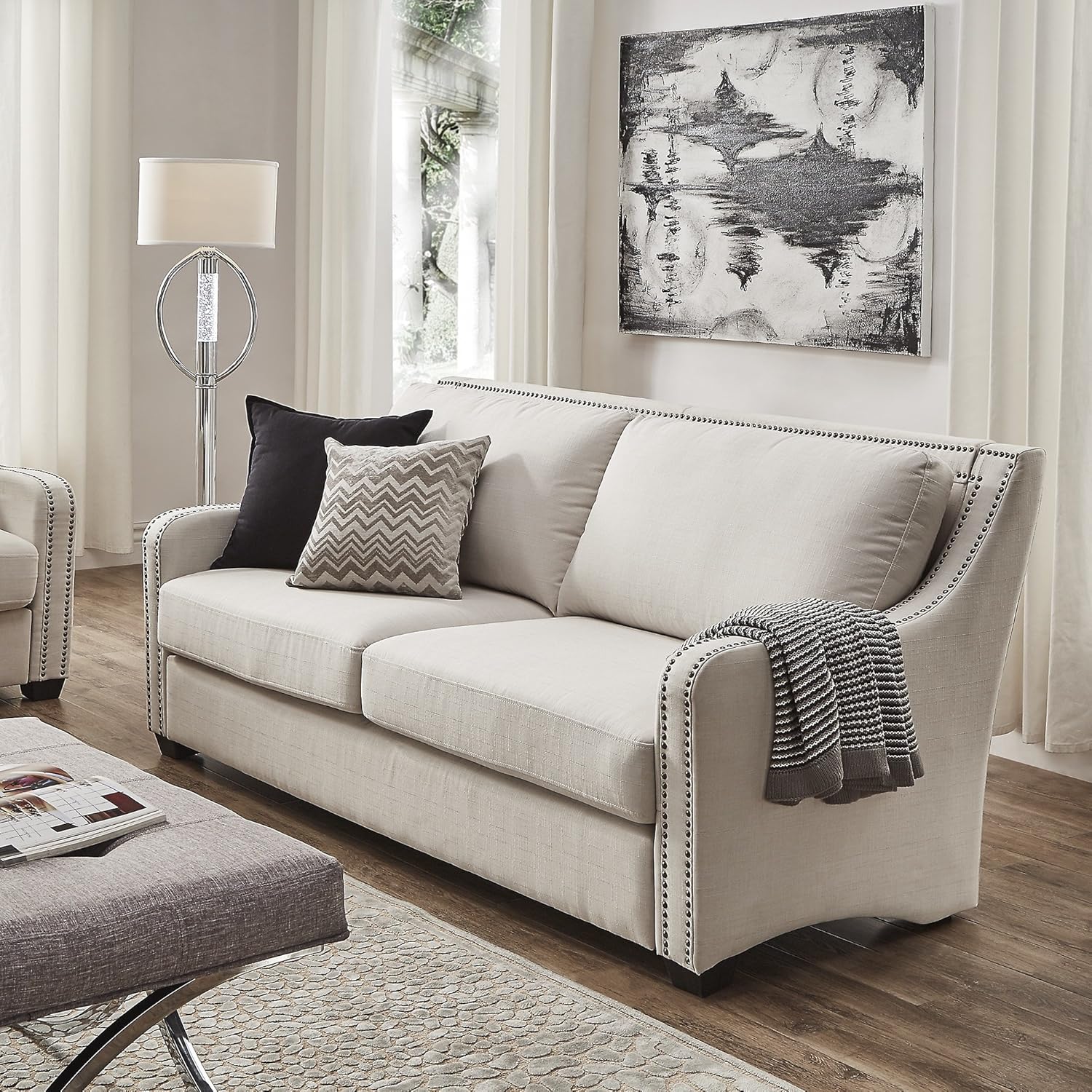Amazon.com: White Linen Nailhead Sloped Arm Sofa by Cream Cream Solid