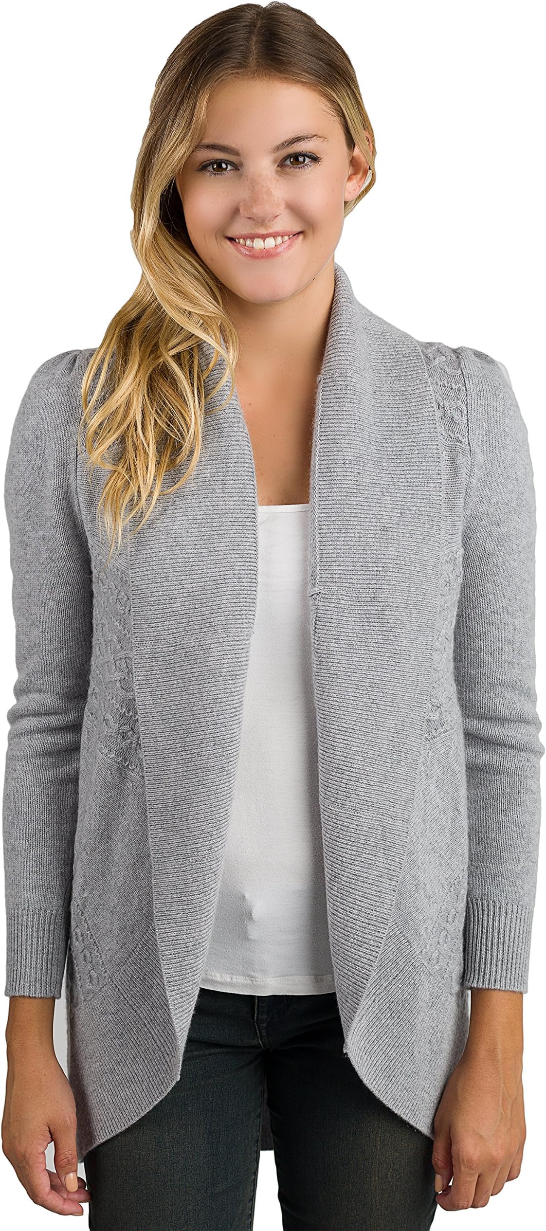 JENNIE LIU Women's 100% Pure Cashmere Long Sleeve Celine Cable-Knit Open Cardigan Sweater