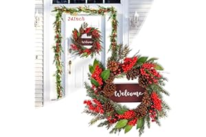 ZQQLITE 24 Inches Christmas Wreaths for Front Door with a Welcome Sign, Christmas Decorations, Decorated with Pine Cones, Berry Clusters, Frosted Branches, Christmas Collection