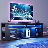 IRONCK TV Stand for TVs Up to 75" with Charging Station, LED Entertainment Center, Modern Carbon Fiber Media Console with Adjustable Glass Shelves & 2 Doors, Organize Your Gaming & Living Room, Black