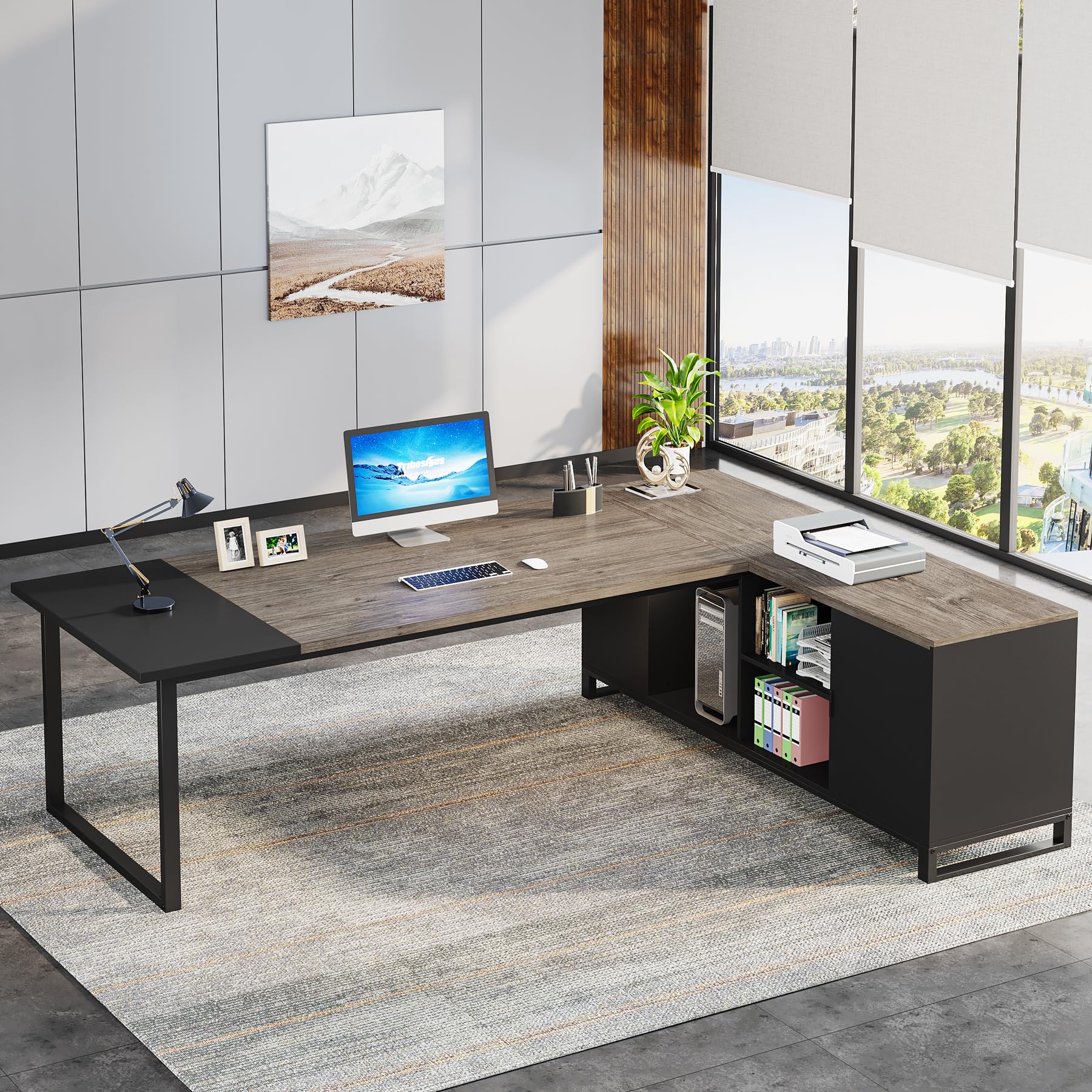 Photo 1 of Tribesigns 70.8" Executive Desk with 55" File Cabinet, Industrial L Shaped Computer Desk with Storage Shelves and Cabinet, Large L Shaped Executive Desk for Home Office, Retro Gray & Black