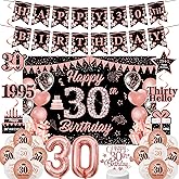 30th Birthday Decorations Women Set - 36 Pcs Black Rose Gold Banner Backdrop Swirls Latex Foil Balloons Cake Toppers Table Decor For Her 30 Years Old Party Kit Supplies
