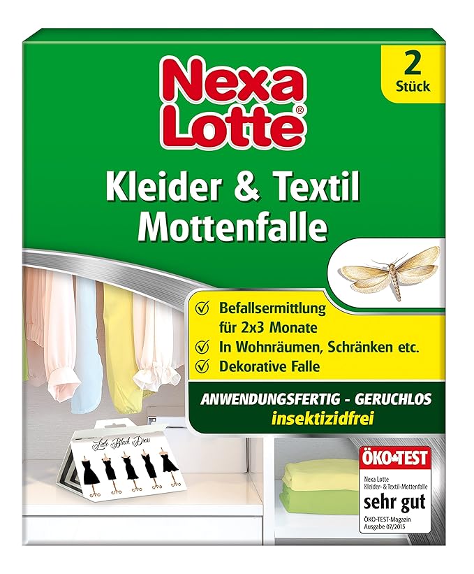 Nexa Lotte Kleider- & Textil-Mottenfalle, Insektizidfreie Klebefalle zum Abfangen von Kleidermotten an Kleidung, Teppichen, P