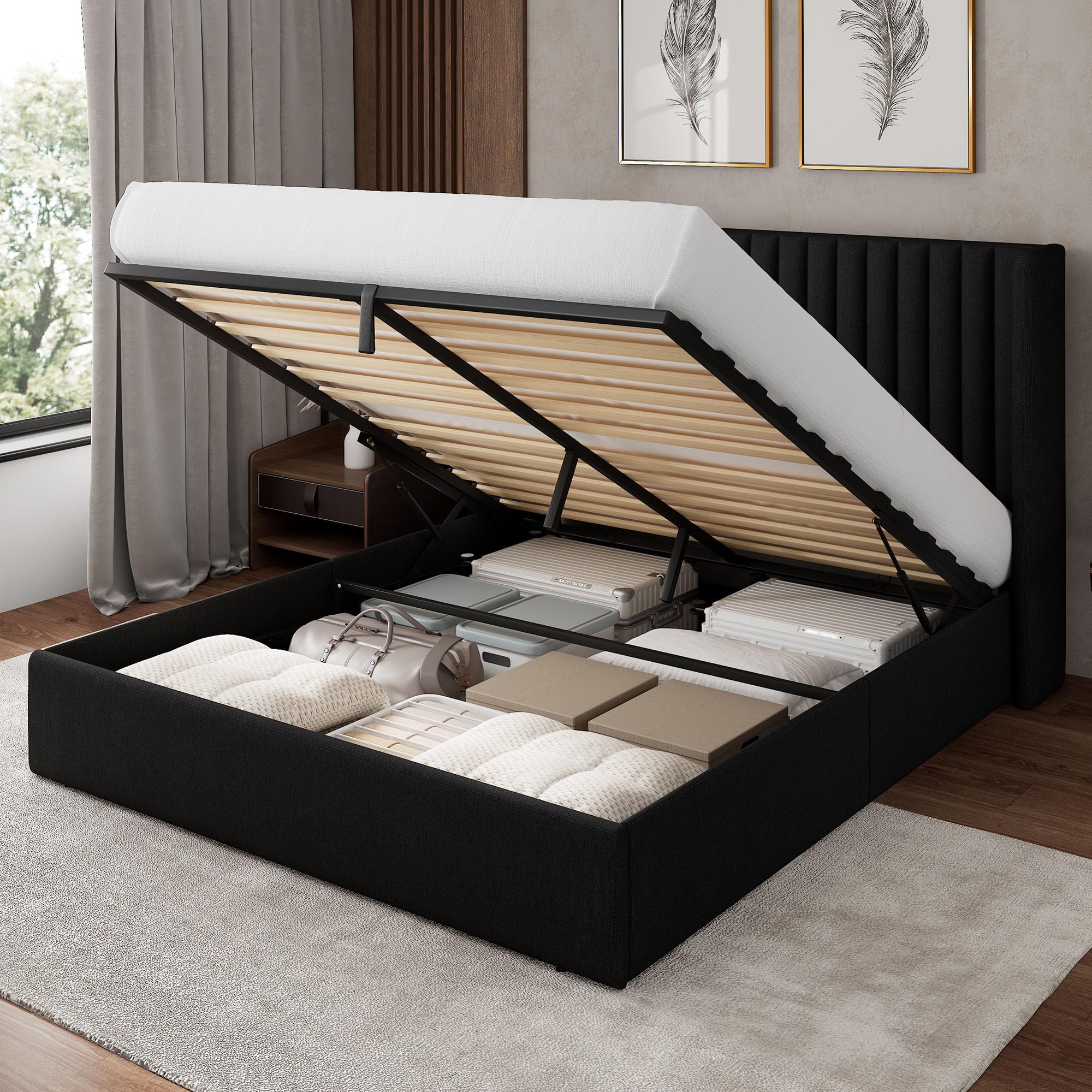Photo 1 of Feonase Queen Size Lift Up Storage Bed Frame, Linen Upholstered Platform Bed with Wingback Headboard, Hydraulic Storage, No Box Spring Needed, Black