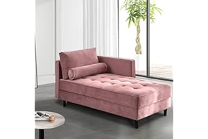 BAMOOLI 64'' Velvet Chaise Lounge Indoor, Modern Longue Chair Upholstered Chaise Longue with Support Pillow, Button Tufted Seat Cushion, Sleeper Sofa Recliner for Bedroom, Living Room, Apartment, Pink
