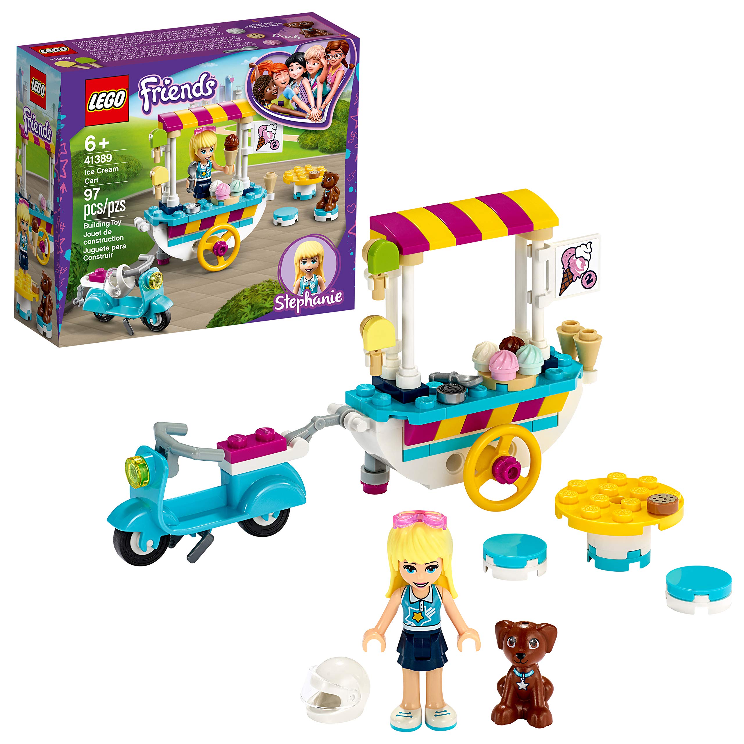 LEGO 41389 Friends Ice Cream Cart Playset with Stephanie, Scooter and Dash the Dog Figure, for Kids 6+ Years old