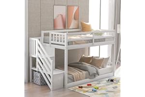 P PURLOVE Twin Over Twin Junior's Low Bunk Bed with Storage Stairs,Wood Floor Bunk Bed with Storage for Kids Teens,Floor Twin Size Bunk Beds with Slat, No Box Spring Need