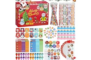 MEMINE 216 Pcs Cute Christmas Party Favors Bulk for Kids - 24 Sets Christmas Stationery Gifts For Classroom Kids, Class Gift Exchange: Pencils, Sharpener, Erasers, Stickers, Stamps, Rulers, Cards, Bags
