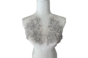 PEPPERLONELY 1 Pair 3D Lace Beaded Sequins Flower Sew on Embroidered Lace Applique Wedding Dress Bride's Headdress Adornment DIY Patch Clothing Accessories, 8.5 x 6 Inches, Silver Gray