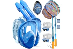DaddyGoFish Kids Snorkel Mask | Snorkle Snorkeling Gear with Camera Mount | Extendable Telescopic Landing Fishing Net & Snorkeling Mask Combo Set Anti-Fog Anti-Leak