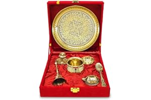 NOBILITY Brass Pooja Thali Set with Red Gift Box 6 Inch Pital Plate Kalash Spoon Chandan Wati Dhup Dan Kuber Diya Ghanti Puja Arti Thali for Diwali Home Office Mandir Wedding Return Gifts