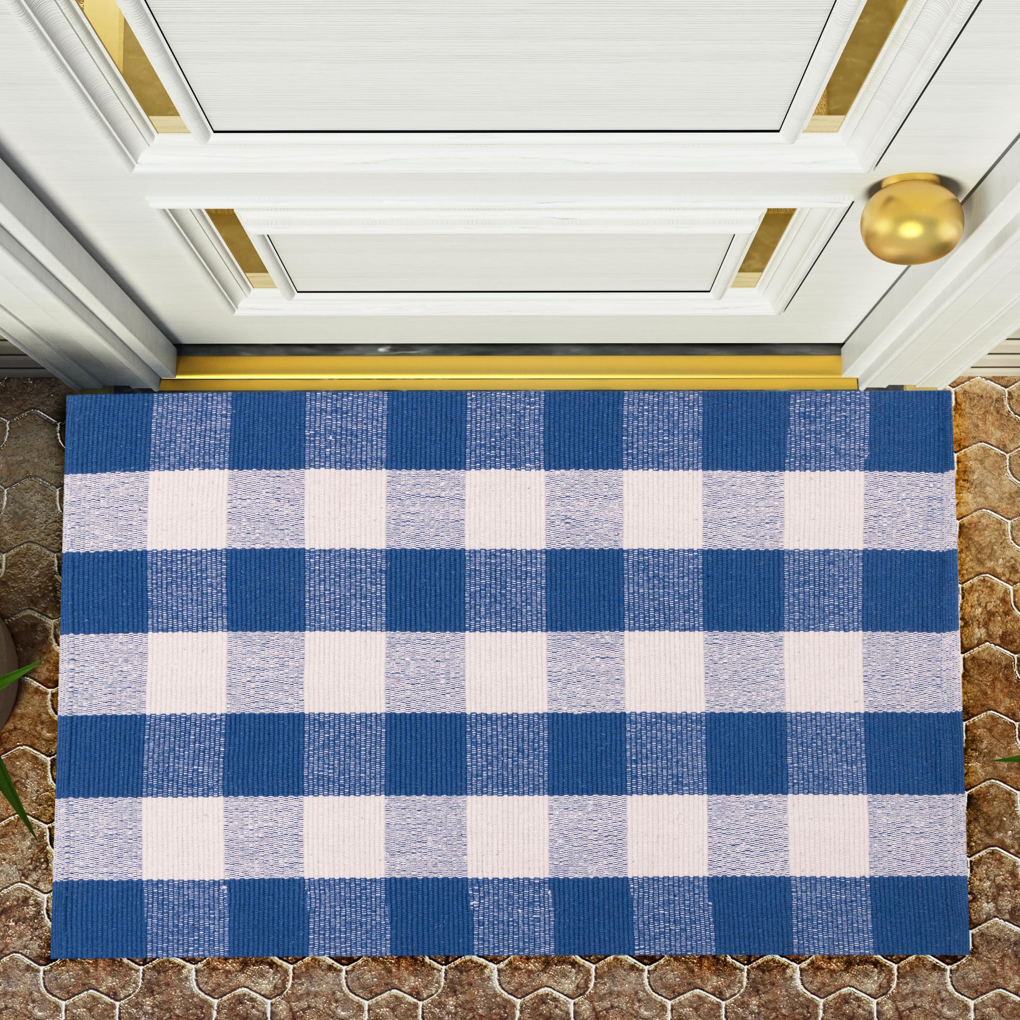RAJRANG Handwoven Cotton Checkered Rug Bright Cobalt Blue & White Buffalo Plaid Washable Floor Rug for Kitchen Bathroom Entryway Indoor Outdoor 70 x 109 cm