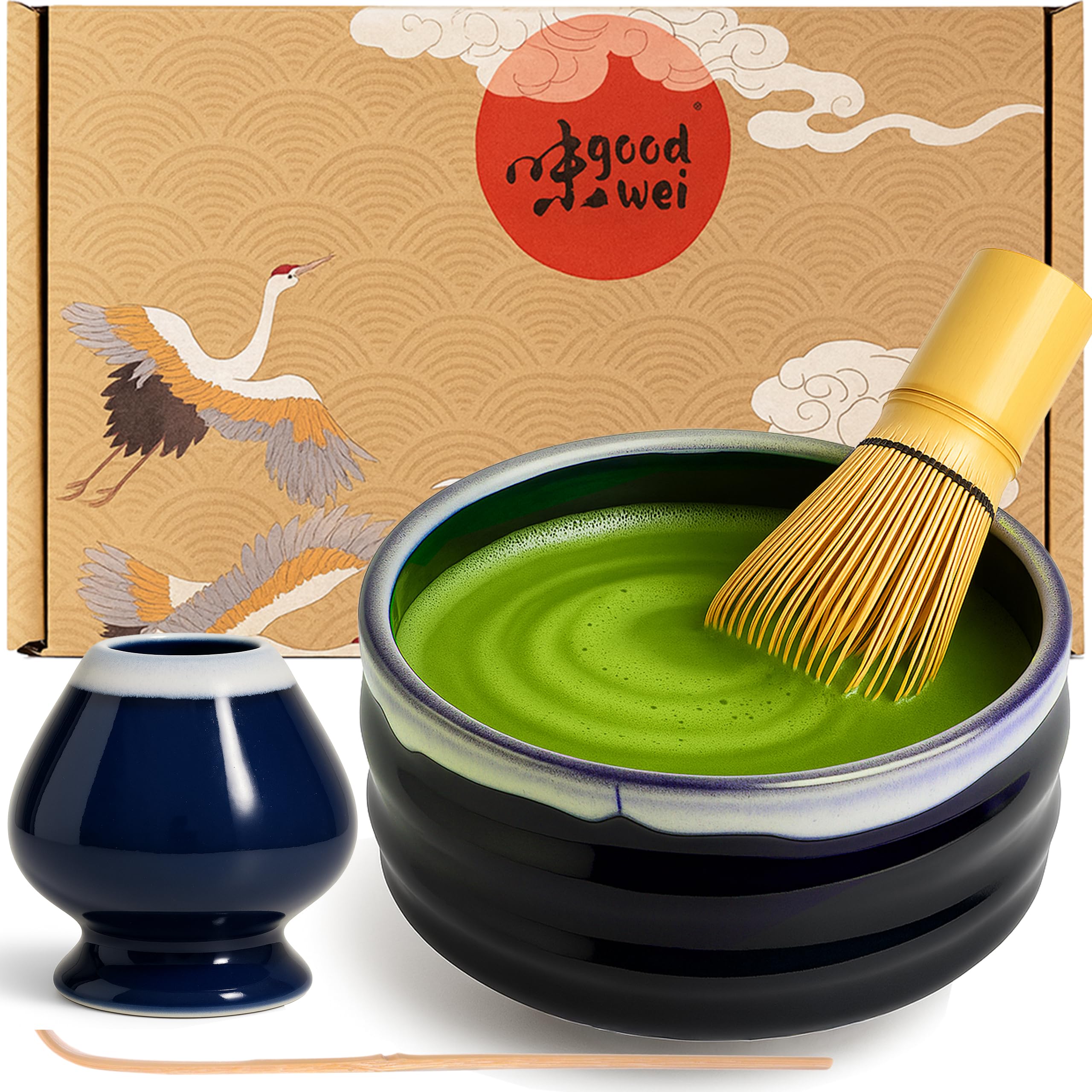 Goodwei Matcha Set with Matcha Whisk, Spoon and Ceramic Matcha Bowl with Whisk Holder in Matching Design | Artisanal Matcha Tea Bowl Chawan | Gift Set (Kori, 120)