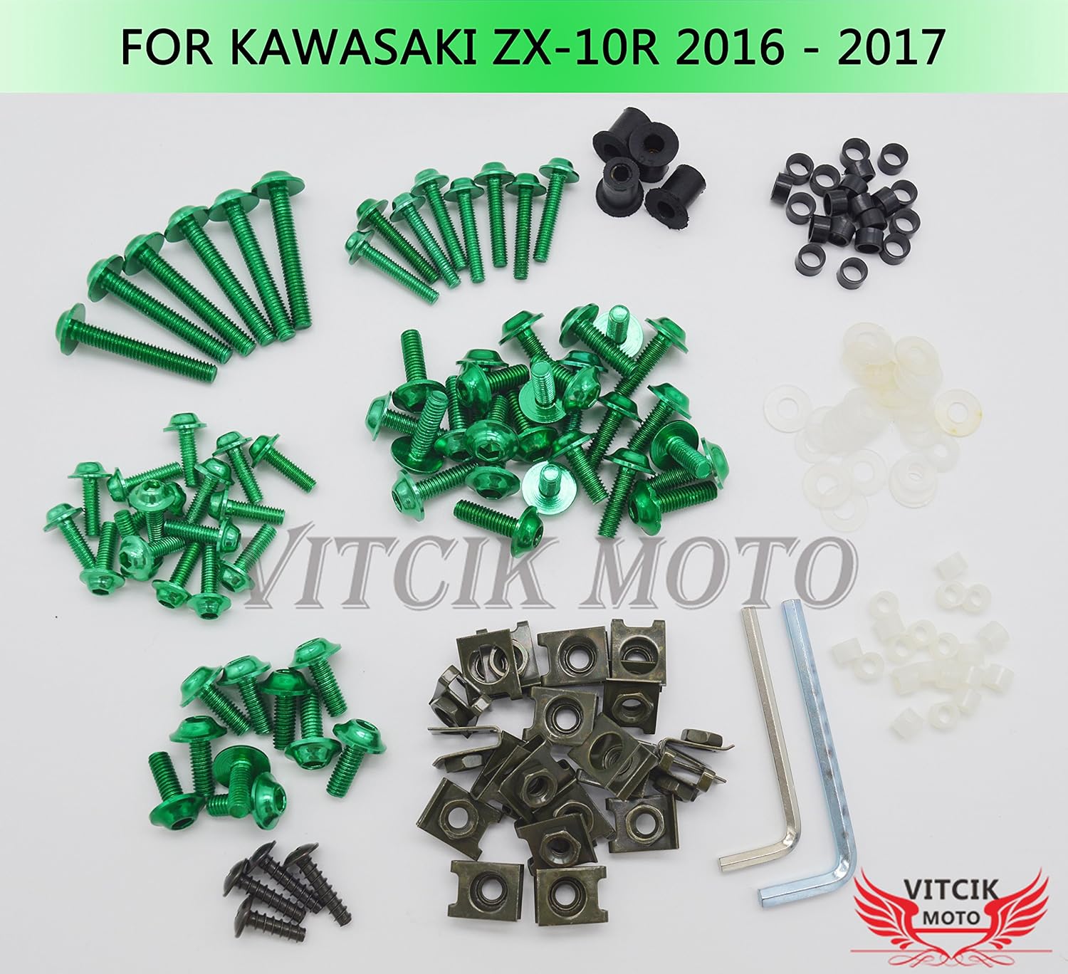 VITCIK Full Fairings Bolt Screw Kits for Kawasaki ZX-10R ZX10R Ninja 2016 2017 16 17 Motorcycle Fastener CNC Aluminium Clips (Green)