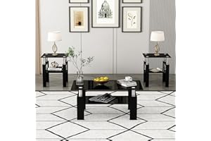 YOUGUO Glass Coffee Table Set of 3, 3-Piece Living Room Tables with Tempered Glass and Metal Frame, Coffee and End Table Sets, Black