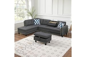 Lyngins 98" Sectional Couch Linen 4 Seater Sofa L Shaped Couch with Right Chaise & Cup Holders 3 Pieces Living Room Furniture Sets with Ottoman & 2 Pillows, Modular Sofa for Living Room, Dark Gray