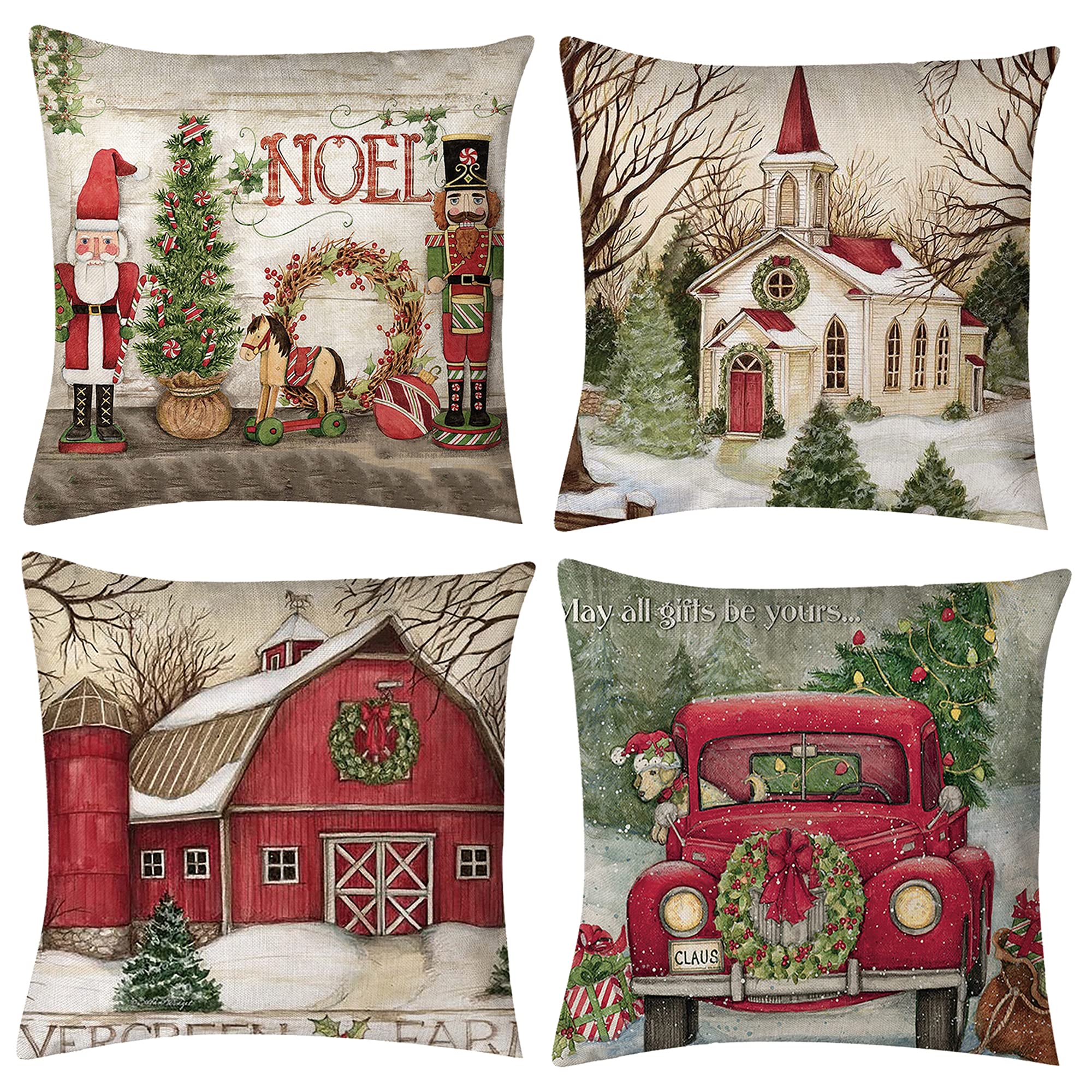 Simpkeely Christmas Pillow Covers 18 x 18 Inches Set of 4 Xmas Series Red Truck Throw Pillowcase Cushion Cover Case Cotton Zipped Square Christmas Decorations