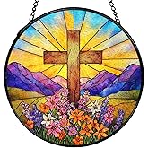 XINCEYWJ Cross Flower Suncatchers Stained Glass Window Hanging, Christian Wildflower Landscape Sun Catchers Indoor Window Glass Round Wall Decor, 7.9x7.9in