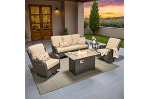 ovios 5 Pieces Patio Furniture Set, Outdoor Wicker Sofa Couch with Swivel Chairs 42" Fire Pit Table, High Back All Weather Modern Conversation Sets, Brown Rattan, Beige