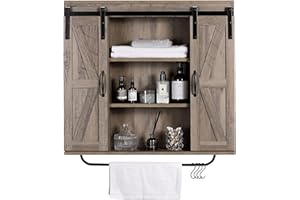 RUSTOWN Rustic Wood Wall Storage Cabinet with Two Sliding Barn Door, 3-Tier Decorative Farmhouse Vintage Cabinet for Kitchen Dining, Bathroom, Living Room, Washed Oak