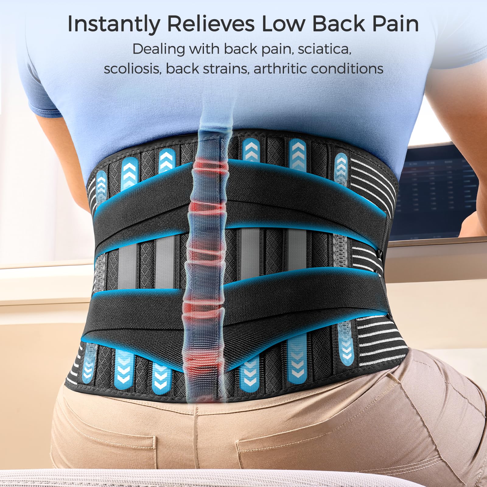 FREETOO Back Braces for Lower Back Pain Relief with 6 Stays, Breathable Back Support Belt for Men/Women for work , Anti-skid lumbar support belt with 16-hole Mesh for sciatica(M)