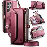 Strapurs Crossbody Wallet Case Compatible with Samsung Galaxy S22 Ultra 5G RFID Blocking 10-Card Holder Soft PU Leather Magnetic Snap Strap Zipper Pocket Phone Case Fit for Galaxy S22 Ultra - Wine Red