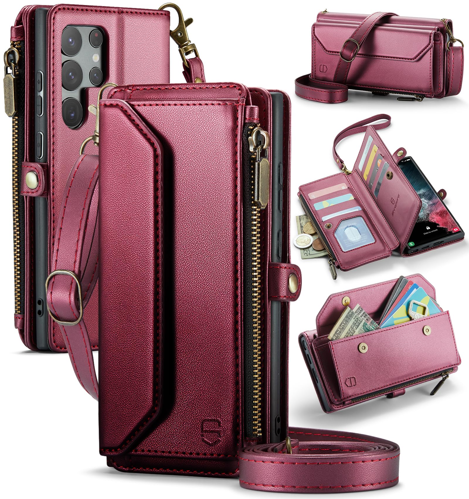 Photo 1 of Strapurs Crossbody Wallet Case Compatible with Samsung Galaxy S22 Ultra 5G RFID Blocking 10-Card Holder Soft PU Leather Magnetic Snap Strap Zipper Pocket Phone Case Fit for Galaxy S22 Ultra - Wine Red