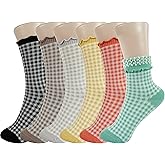 BomKinta Checkered Ruffle Socks Women - Cute Plaid Frilly Sock - Casual Crew Cotton Socks Gifts Size 5-9
